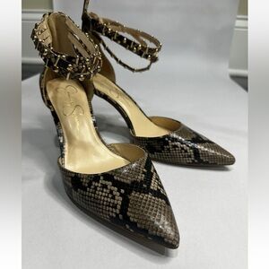 Jessica Simpson Stanika Heels 8.5M Snakeskin Ankle Strap Studded Pumps